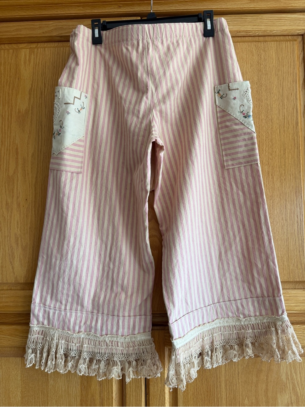 Handmade New One of A Kind cotton drawstring Striped  Cropped Cargo pants size L - Picture 2 of 9